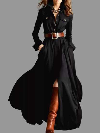 Black Button-Front Maxi Shirt Dress with Long Sleeves Dresses Black / S The Nichole Collection