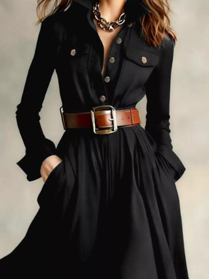 Black Button-Front Maxi Shirt Dress with Long Sleeves Dresses The Nichole Collection