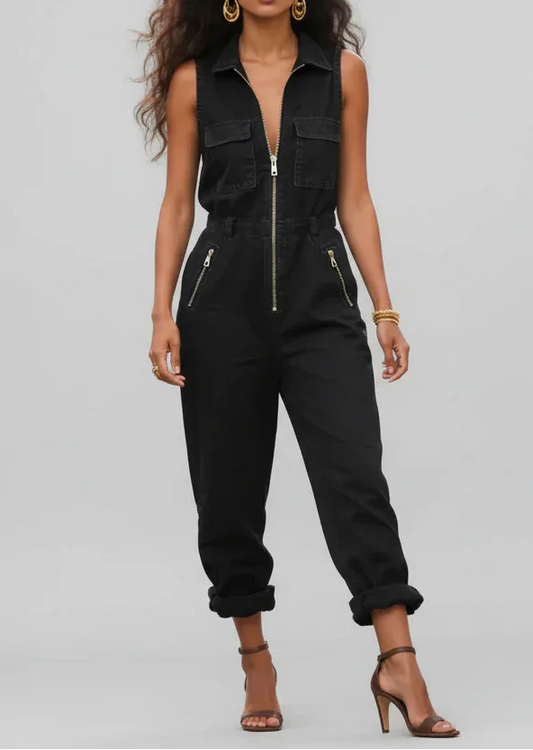 Black Sleeveless Zip-Front Utility Jumpsuit The Nichole Collection - Official Site