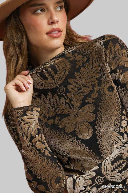 Black Velvet Blouse with Gold Royal Leaf Design Shirts & Tops The Nichole Collection