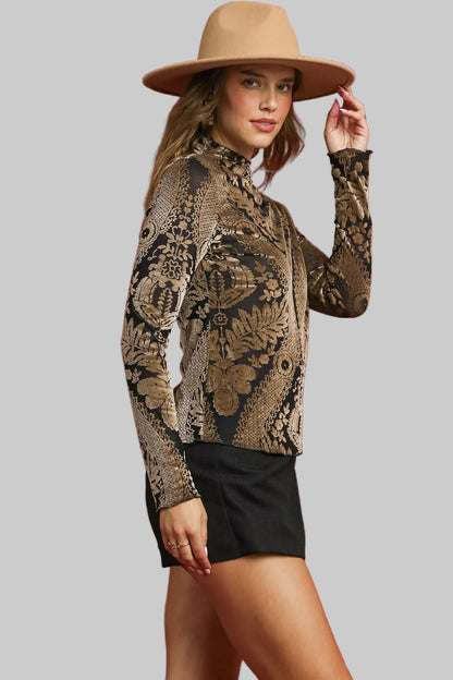 Black Velvet Blouse with Gold Royal Leaf Design Shirts & Tops The Nichole Collection