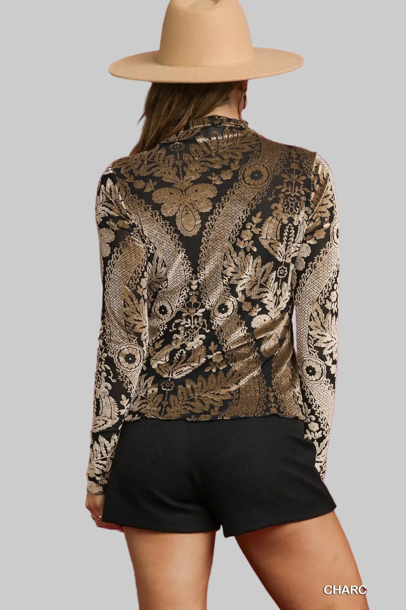 Black Velvet Blouse with Gold Royal Leaf Design Shirts & Tops The Nichole Collection