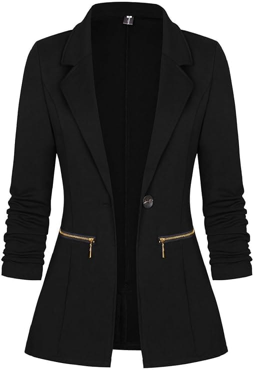 Long Sleeve Open Front Blazer with Gold Zipper Pockets