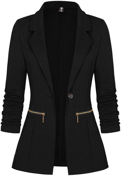 Long Sleeve Open Front Blazer with Gold Zipper Pockets