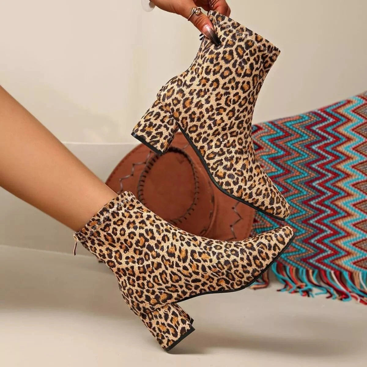 Block Heel Leather Ankle Boots Leopard Print / 36 The Nichole Collection
