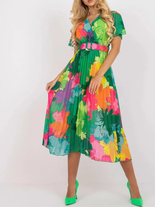 Blooming Pleated Midi Wrap Dress with Belt Green / S The Nichole Collection