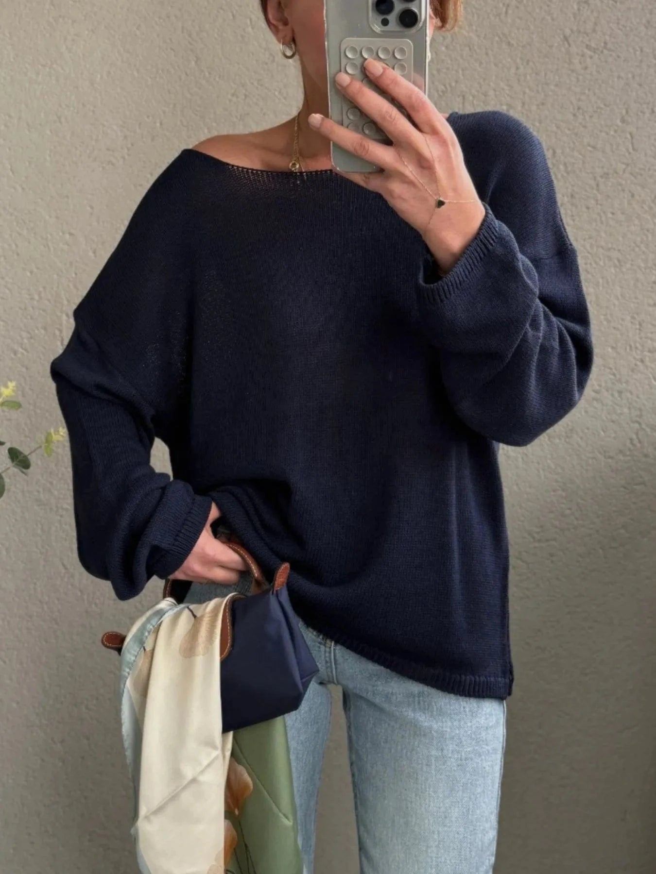Boat Neck Drop Shoulder Sweater Dark Navy / S The Nichole Collection
