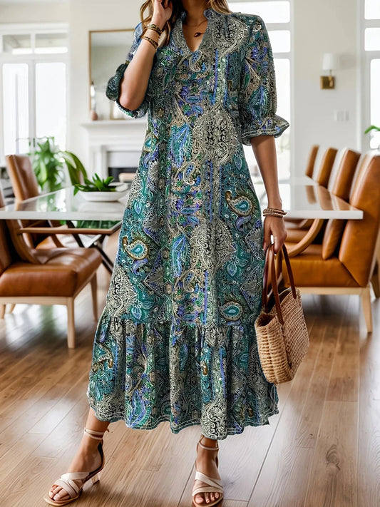 Bohemian Paisley Print Ruffle Hem Midi Dress Teal / S The Nichole Collection