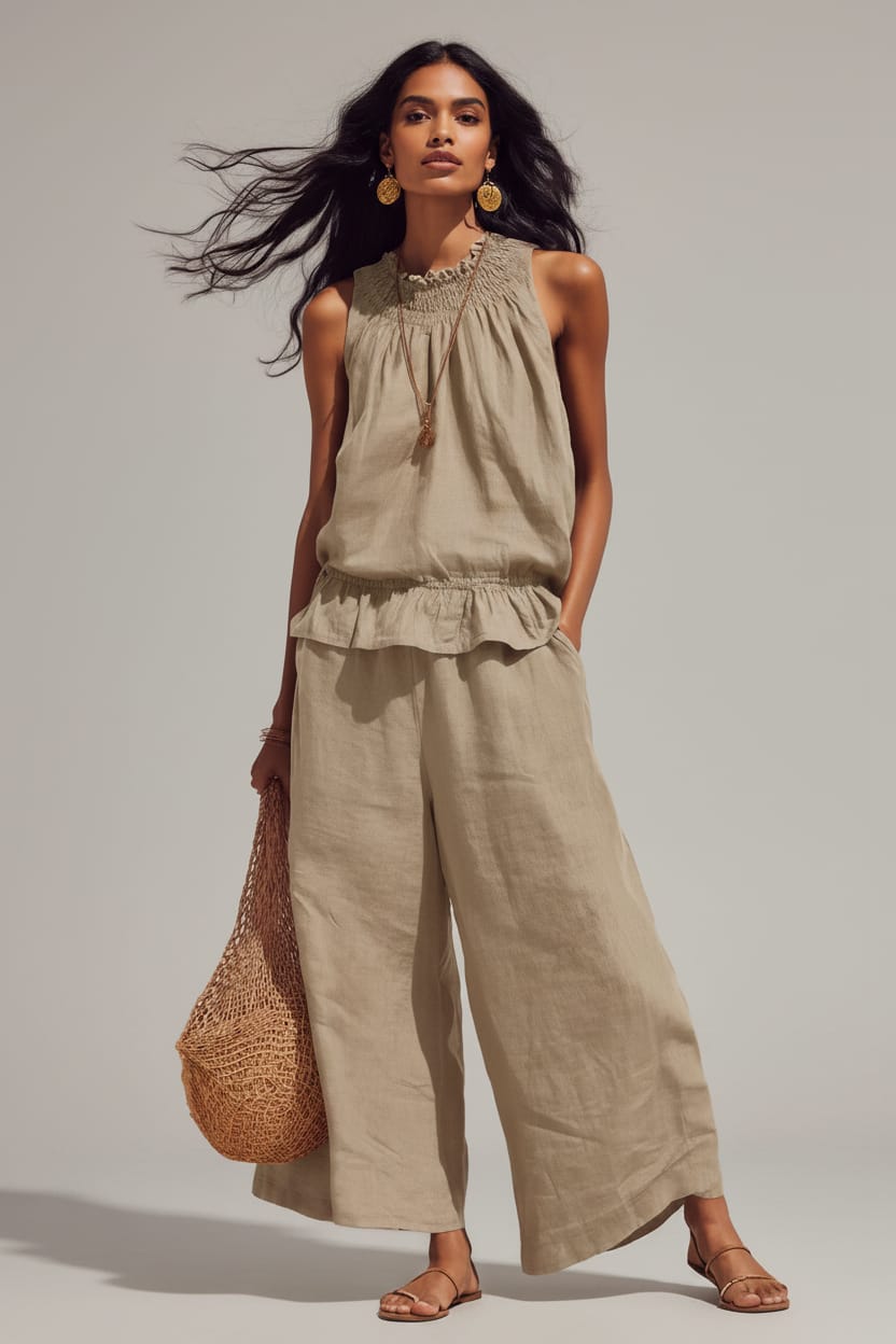 Bohemian Ruffle Edge Linen Two-Piece Set Khaki / S The Nichole Collection - Official Site