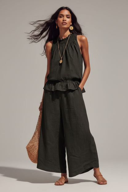Bohemian Ruffle Edge Linen Two-Piece Set Black / S The Nichole Collection - Official Site