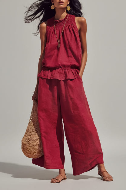 Bohemian Ruffle Edge Linen Two-Piece Set Scarlet red / S The Nichole Collection - Official Site