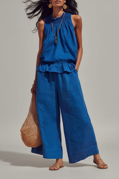 Bohemian Ruffle Edge Linen Two-Piece Set Blue / S The Nichole Collection - Official Site