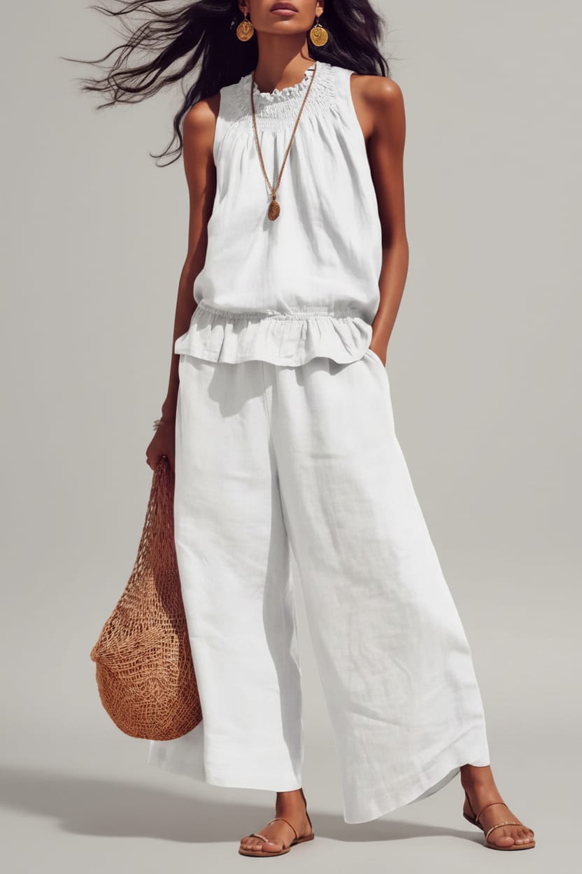 Bohemian Ruffle Edge Linen Two-Piece Set White / S The Nichole Collection - Official Site