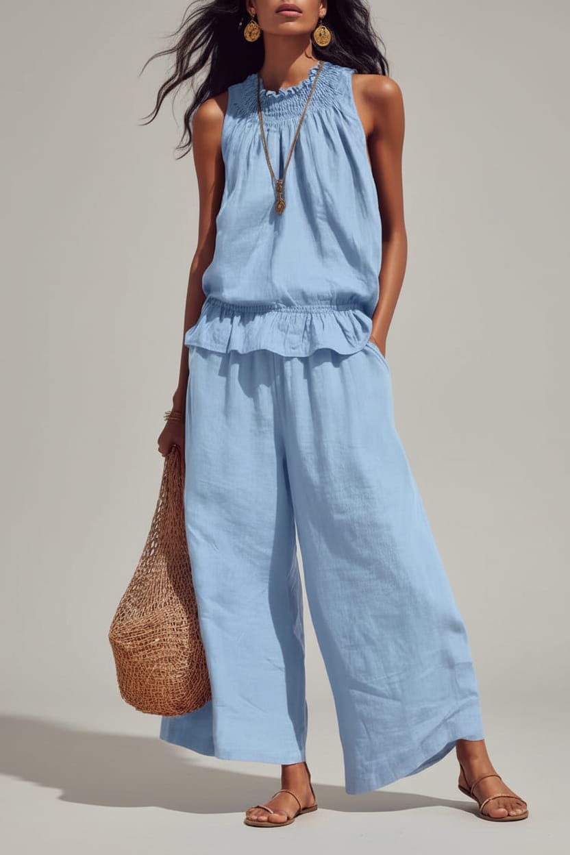 Bohemian Ruffle Edge Linen Two-Piece Set Sky Blue / S The Nichole Collection - Official Site