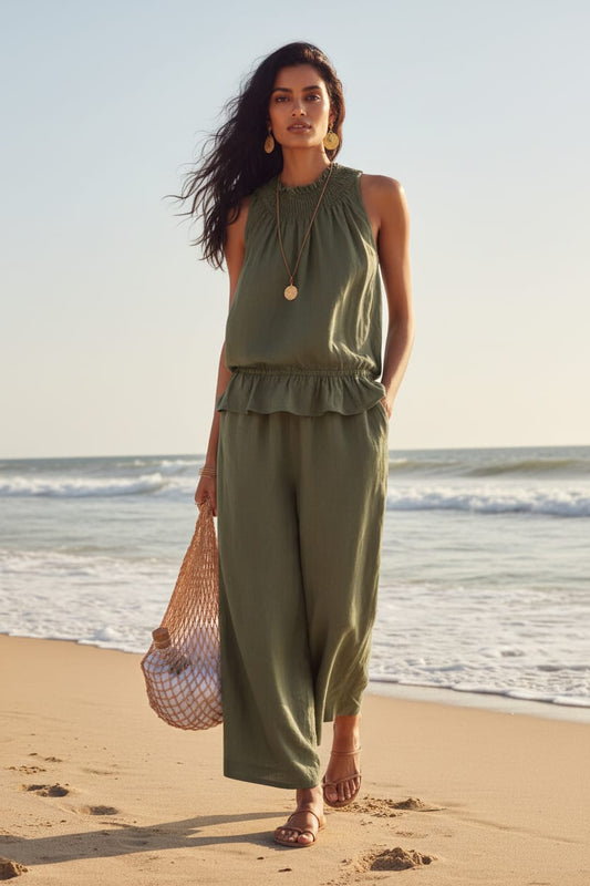 Bohemian Ruffle Edge Linen Two-Piece Set Fern green / S The Nichole Collection - Official Site