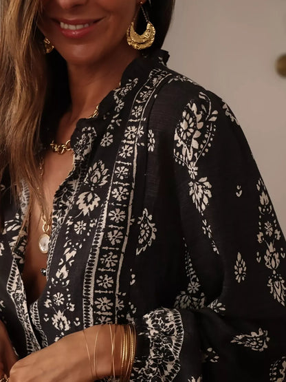 Boho Chic Printed V-Neck Button-Down Blouse The Nichole Collection
