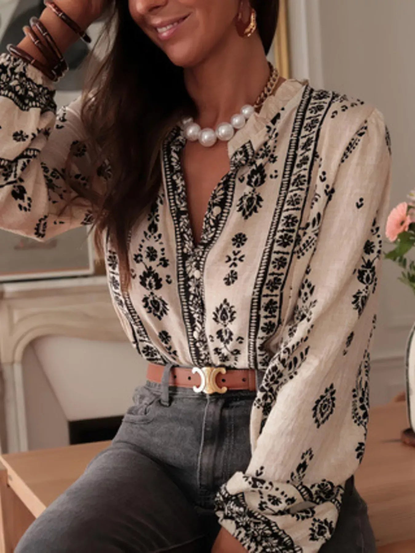 Boho Chic Printed V-Neck Button-Down Blouse The Nichole Collection