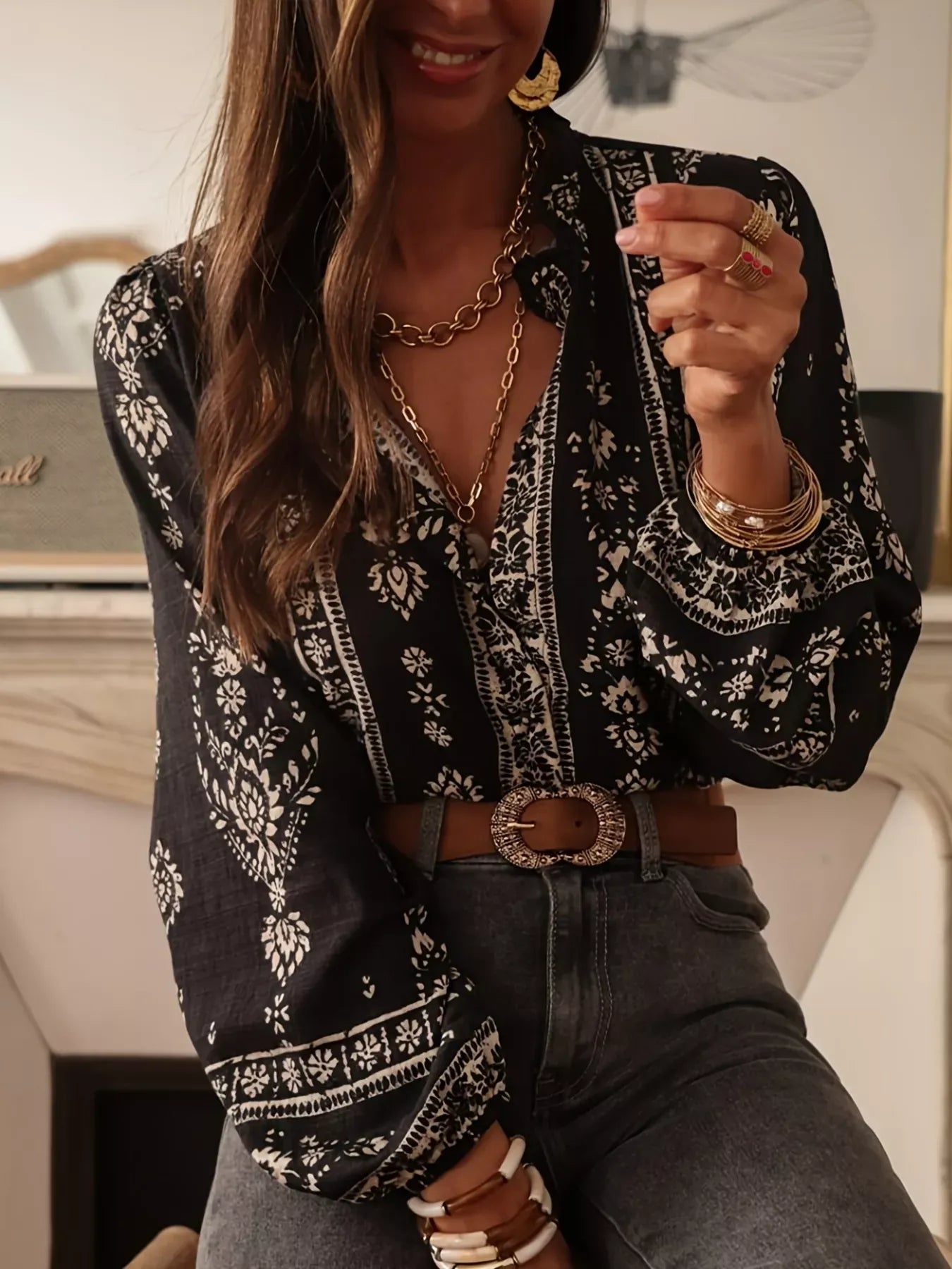 Boho Chic Printed V-Neck Button-Down Blouse The Nichole Collection