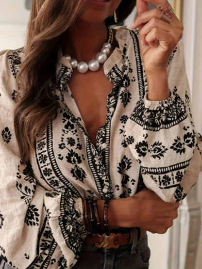 Boho Chic Printed V-Neck Button-Down Blouse The Nichole Collection