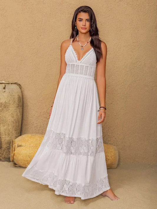 Boho Crochet Cami Maxi Dress – Romantic Tiered Layers White / S The Nichole Collection