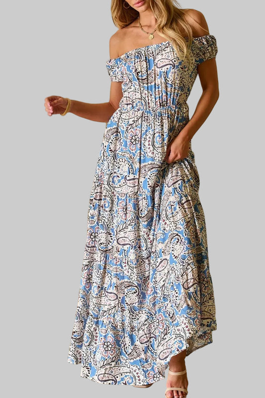 Boho Paisley Print Off Shoulder Maxi Dress Dusty Blue / S Maxi Dresses The Nichole Collection - Official Site