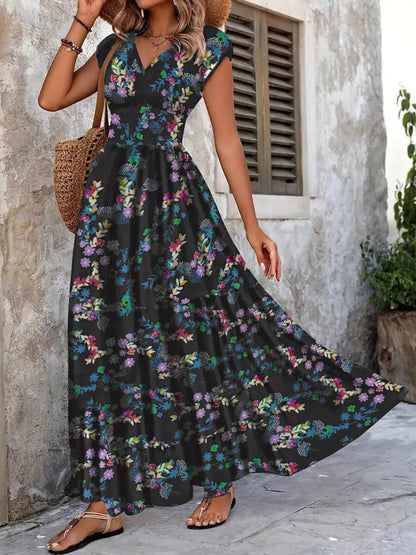 Boho Printed V-Neck Cap Sleeve Maxi Dress THE NICHOLE COLLECTION - Official Site