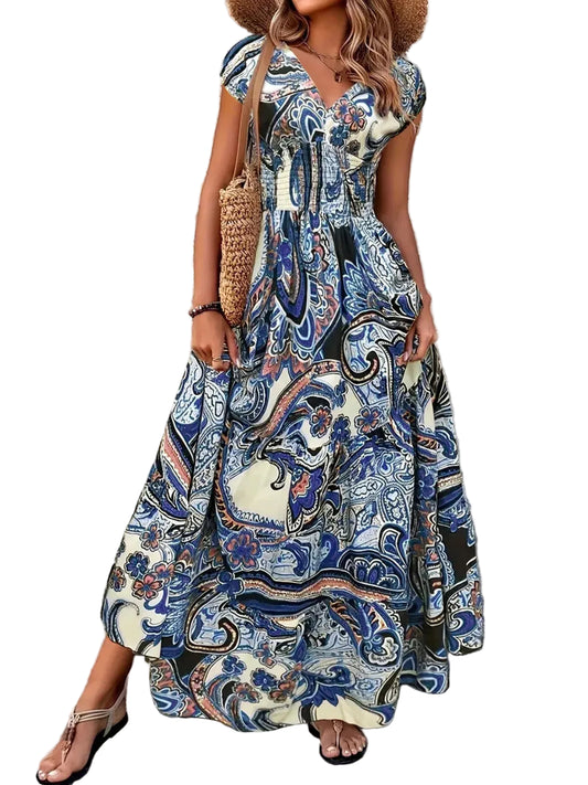 Boho Printed V-Neck Cap Sleeve Maxi Dress Light Blue / S THE NICHOLE COLLECTION - Official Site