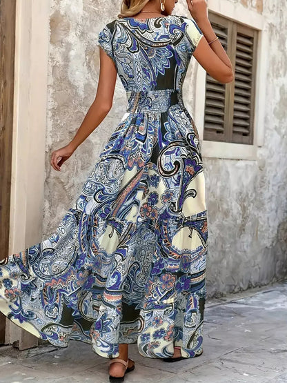 Boho Printed V-Neck Cap Sleeve Maxi Dress THE NICHOLE COLLECTION - Official Site