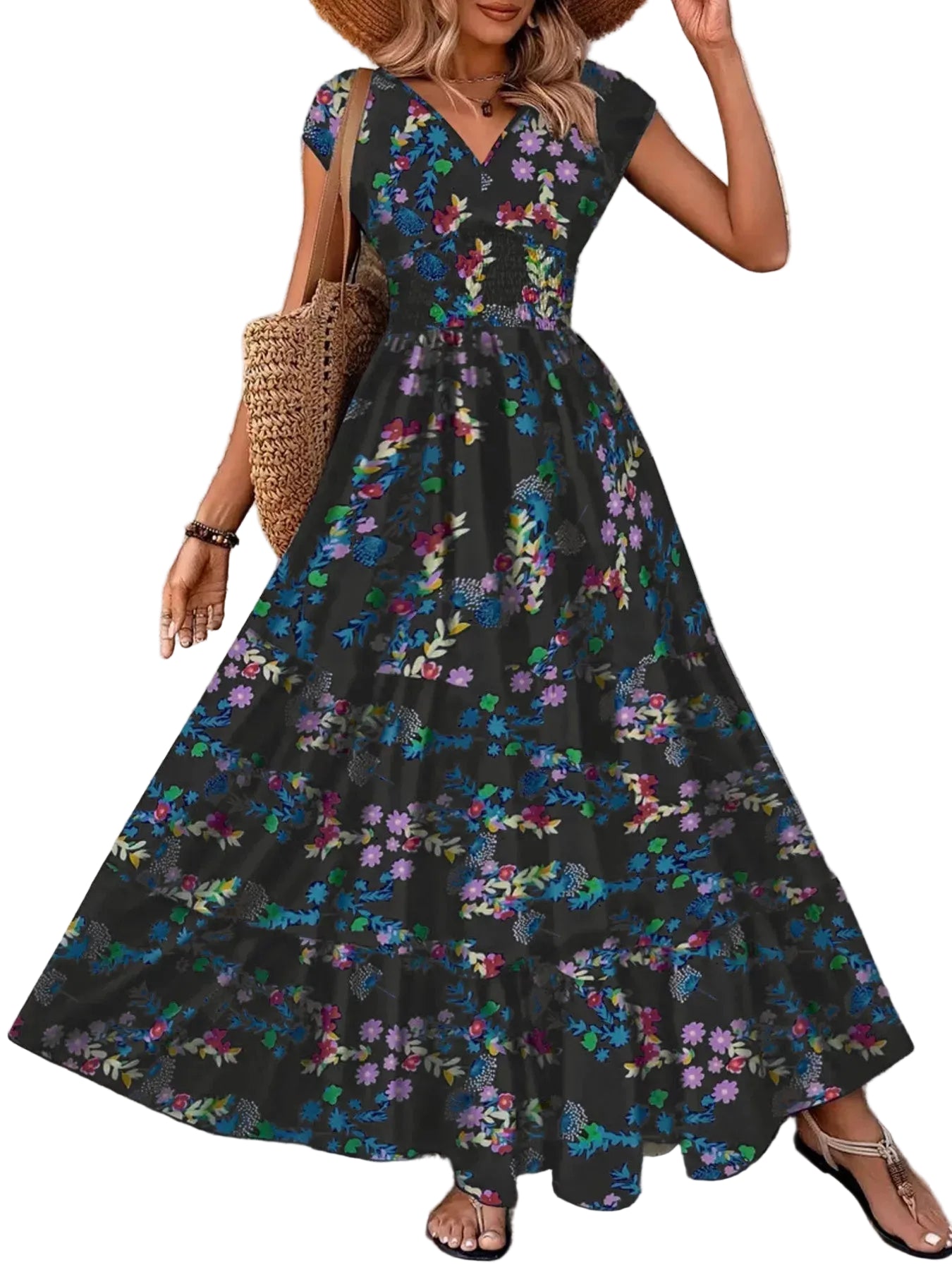 Boho Printed V-Neck Cap Sleeve Maxi Dress Dark Navy / S THE NICHOLE COLLECTION - Official Site