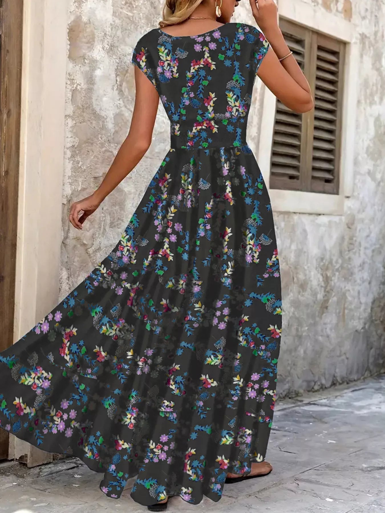 Boho Printed V-Neck Cap Sleeve Maxi Dress THE NICHOLE COLLECTION - Official Site