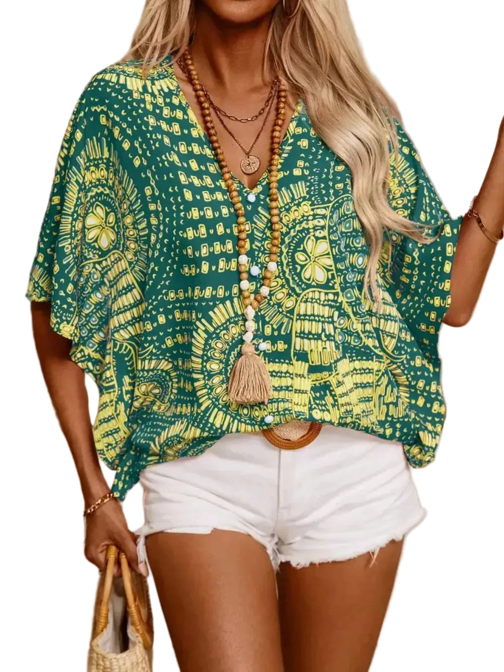 Boho Printed V-Neck Half Sleeve Top Blouses The Nichole Collection - Official Site
