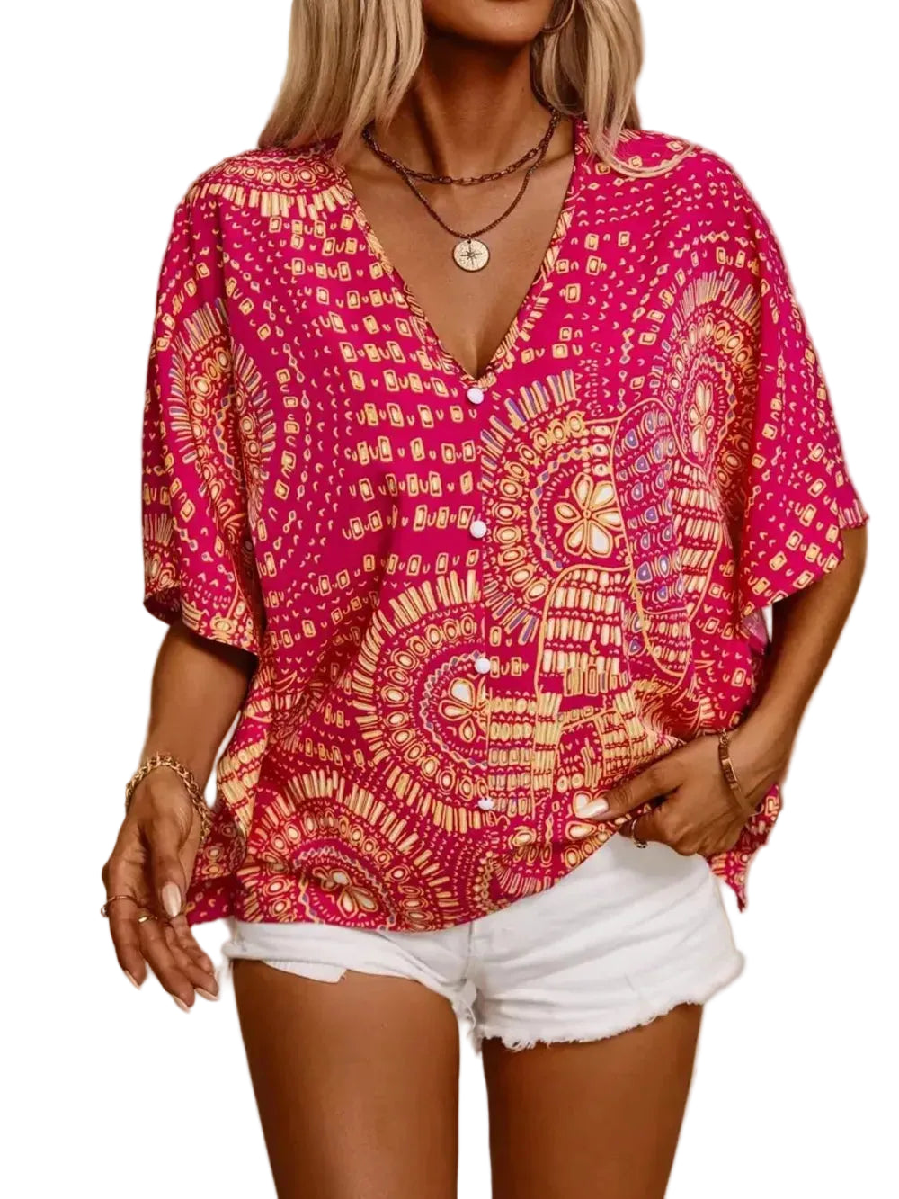 Boho Printed V-Neck Half Sleeve Top Blouses The Nichole Collection - Official Site