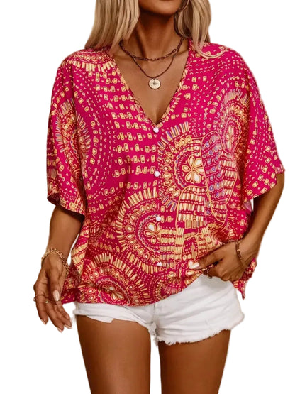 Boho Printed V-Neck Half Sleeve Top Blouses The Nichole Collection - Official Site