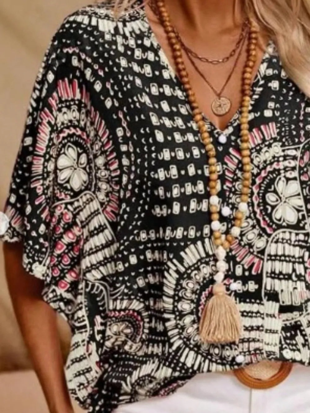 Boho Printed V-Neck Half Sleeve Top Blouses The Nichole Collection - Official Site