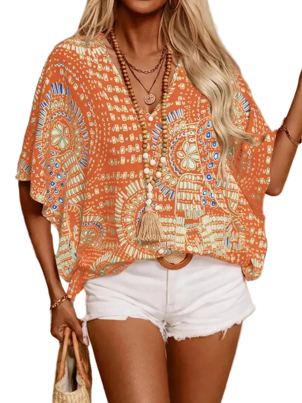 Boho Printed V-Neck Half Sleeve Top Sherbet / S Blouses The Nichole Collection - Official Site