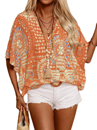 Boho Printed V-Neck Half Sleeve Top Sherbet / S Blouses The Nichole Collection - Official Site