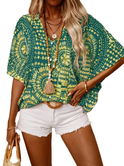 Boho Printed V-Neck Half Sleeve Top Green / S Blouses The Nichole Collection - Official Site