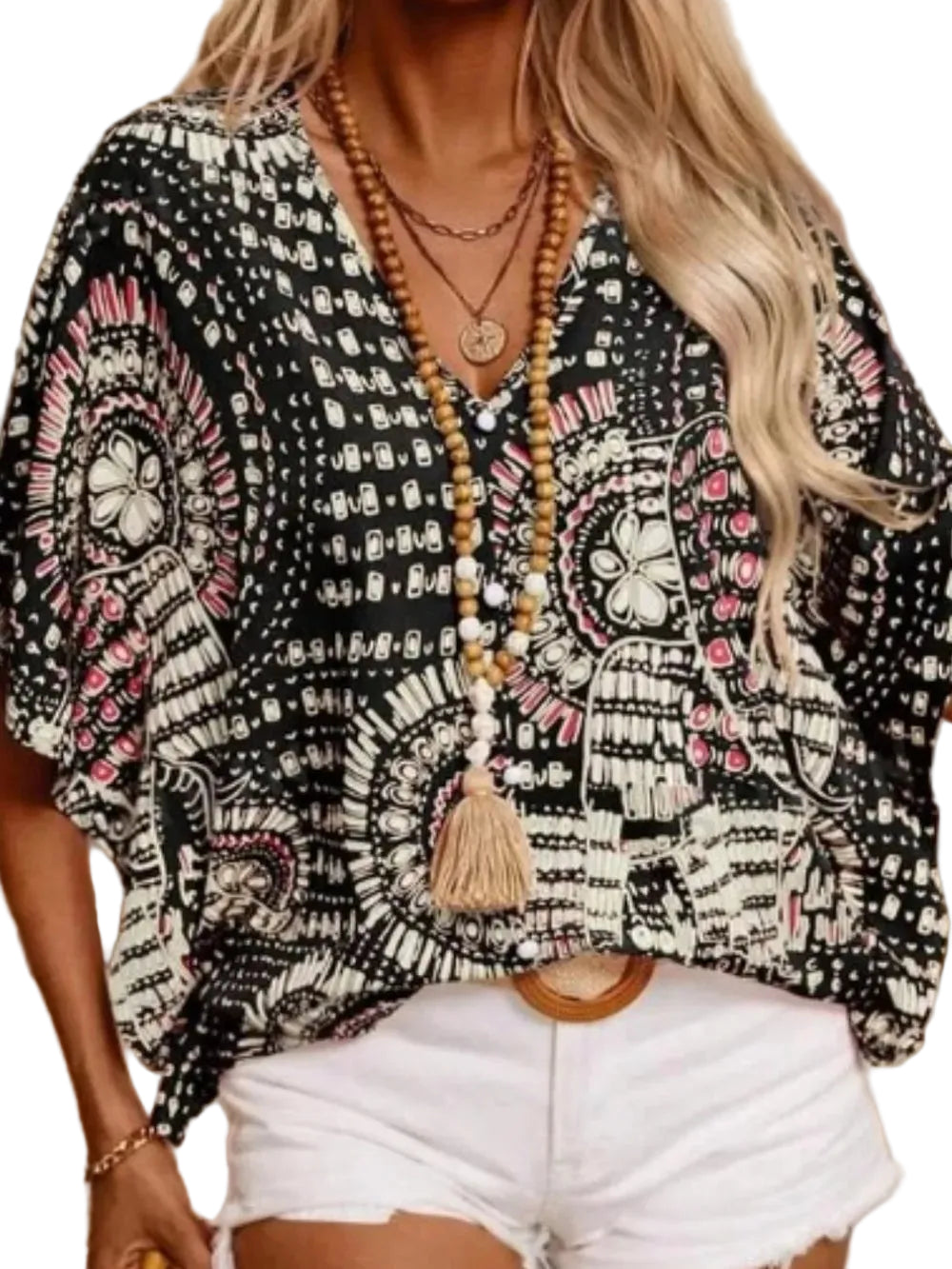 Boho Printed V-Neck Half Sleeve Top Black / S Blouses The Nichole Collection - Official Site