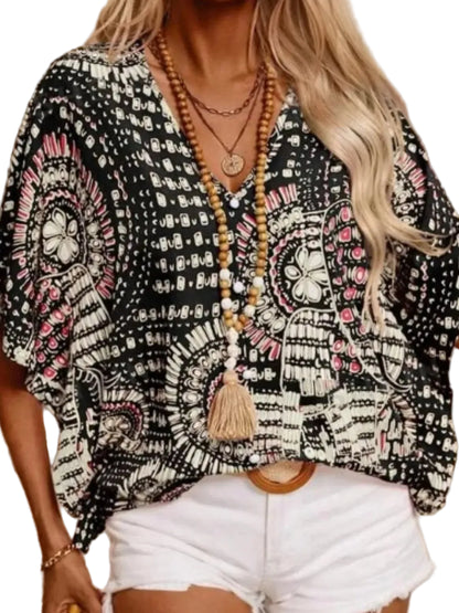 Boho Printed V-Neck Half Sleeve Top Black / S Blouses The Nichole Collection - Official Site