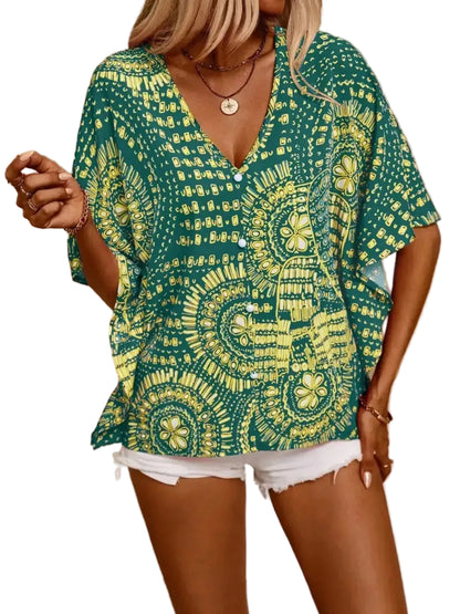 Boho Printed V-Neck Half Sleeve Top Blouses The Nichole Collection - Official Site
