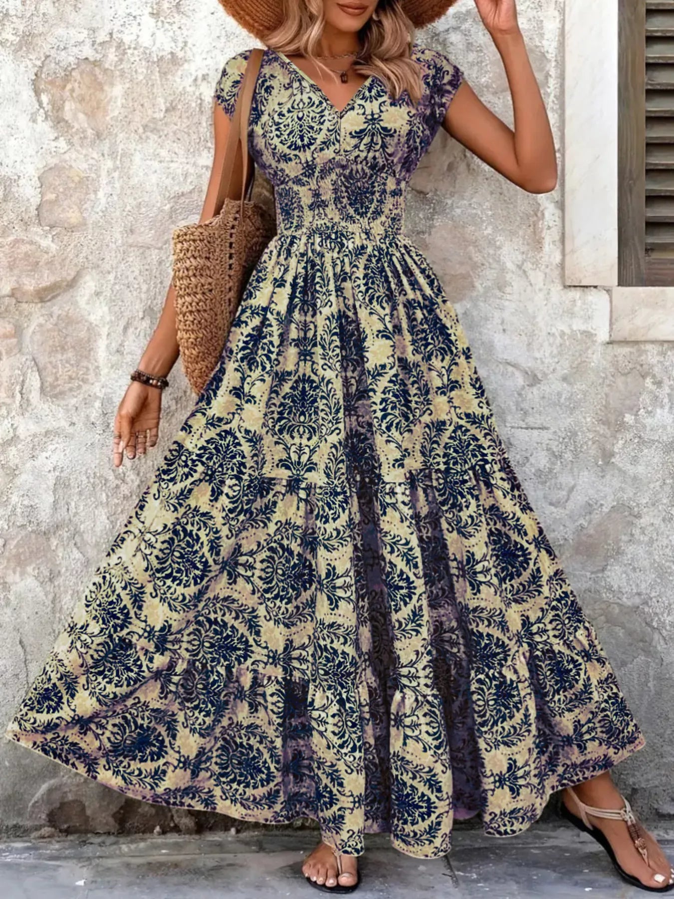 Boho Printed V-Neck Tiered Maxi Dress The Nichole Collection - Official Site