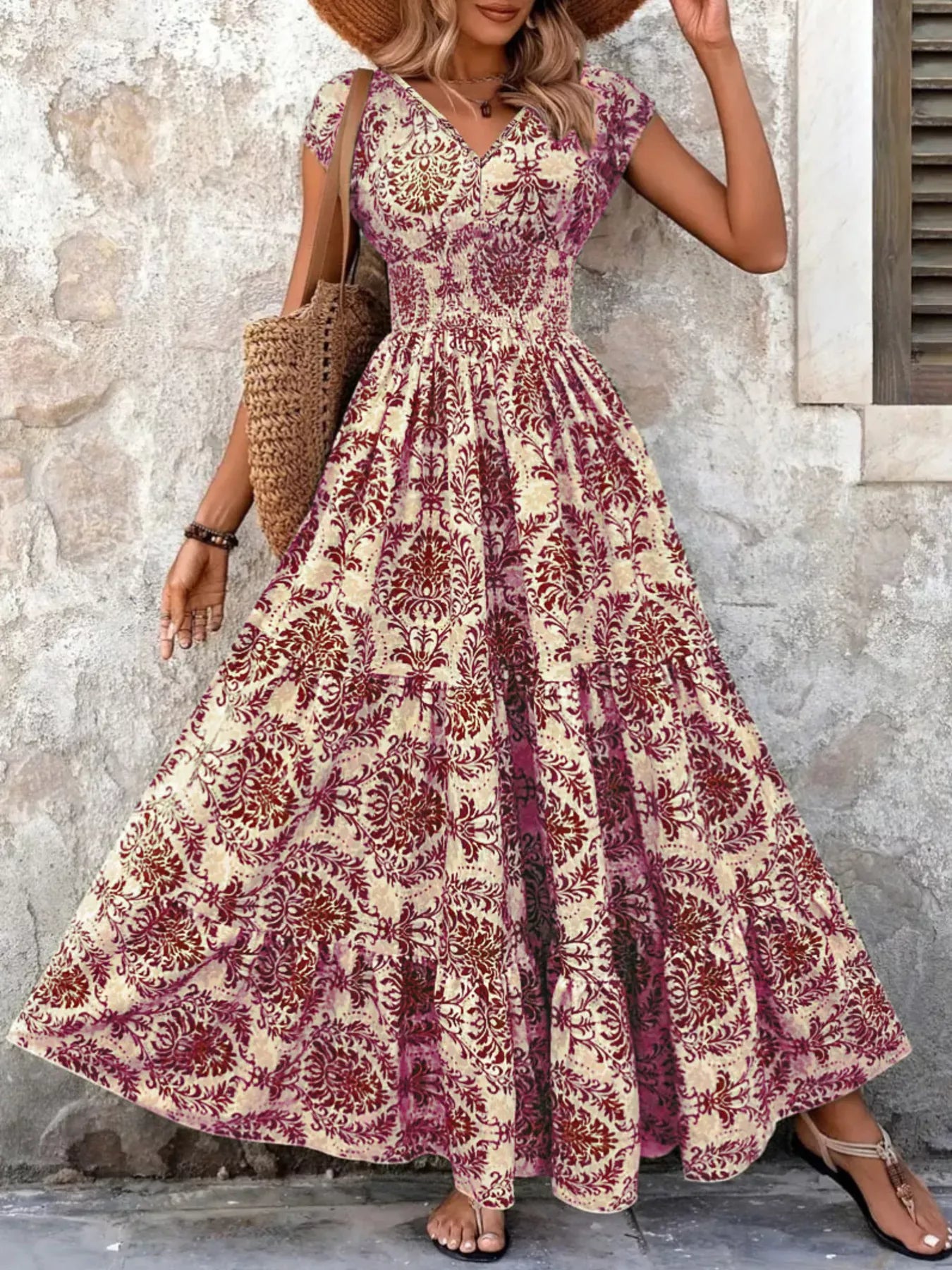 Boho Printed V-Neck Tiered Maxi Dress Purple / S The Nichole Collection - Official Site