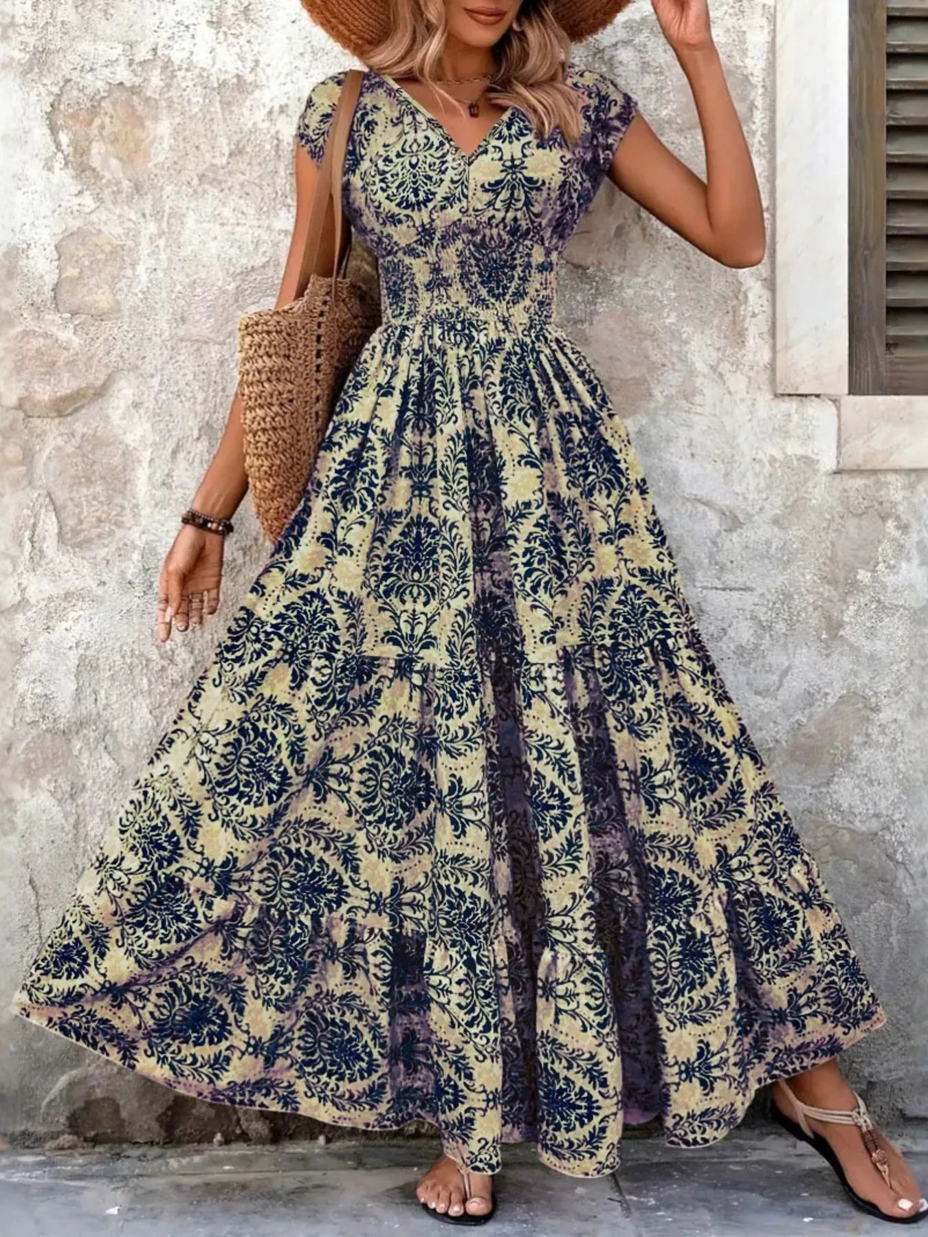 Boho Printed V-Neck Tiered Maxi Dress Dark Blue / S The Nichole Collection - Official Site
