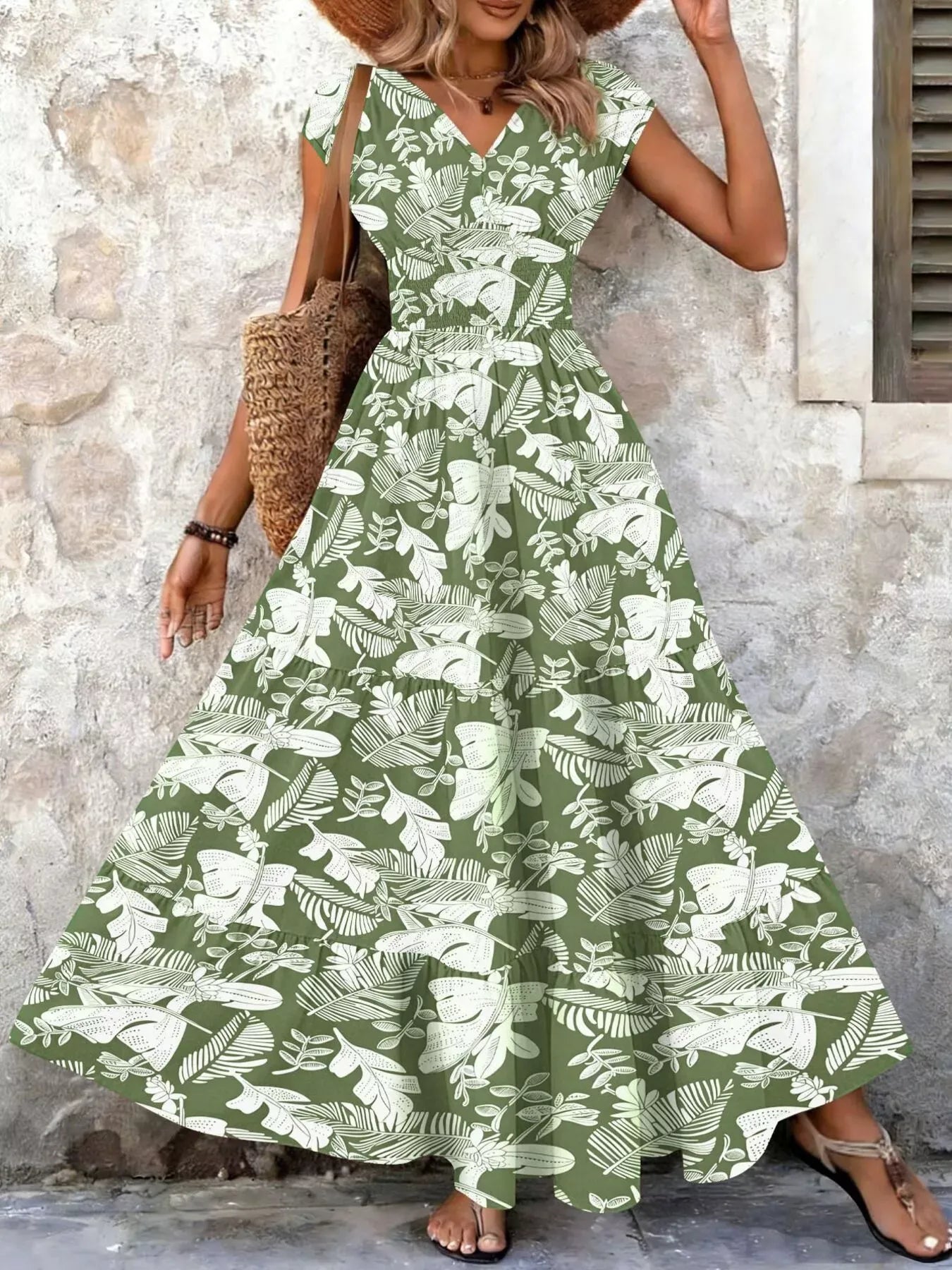 Boho Printed V-Neck Tiered Maxi Dress Flower Green / S The Nichole Collection - Official Site