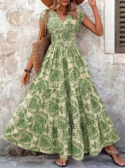 Boho Printed V-Neck Tiered Maxi Dress Green / S The Nichole Collection - Official Site