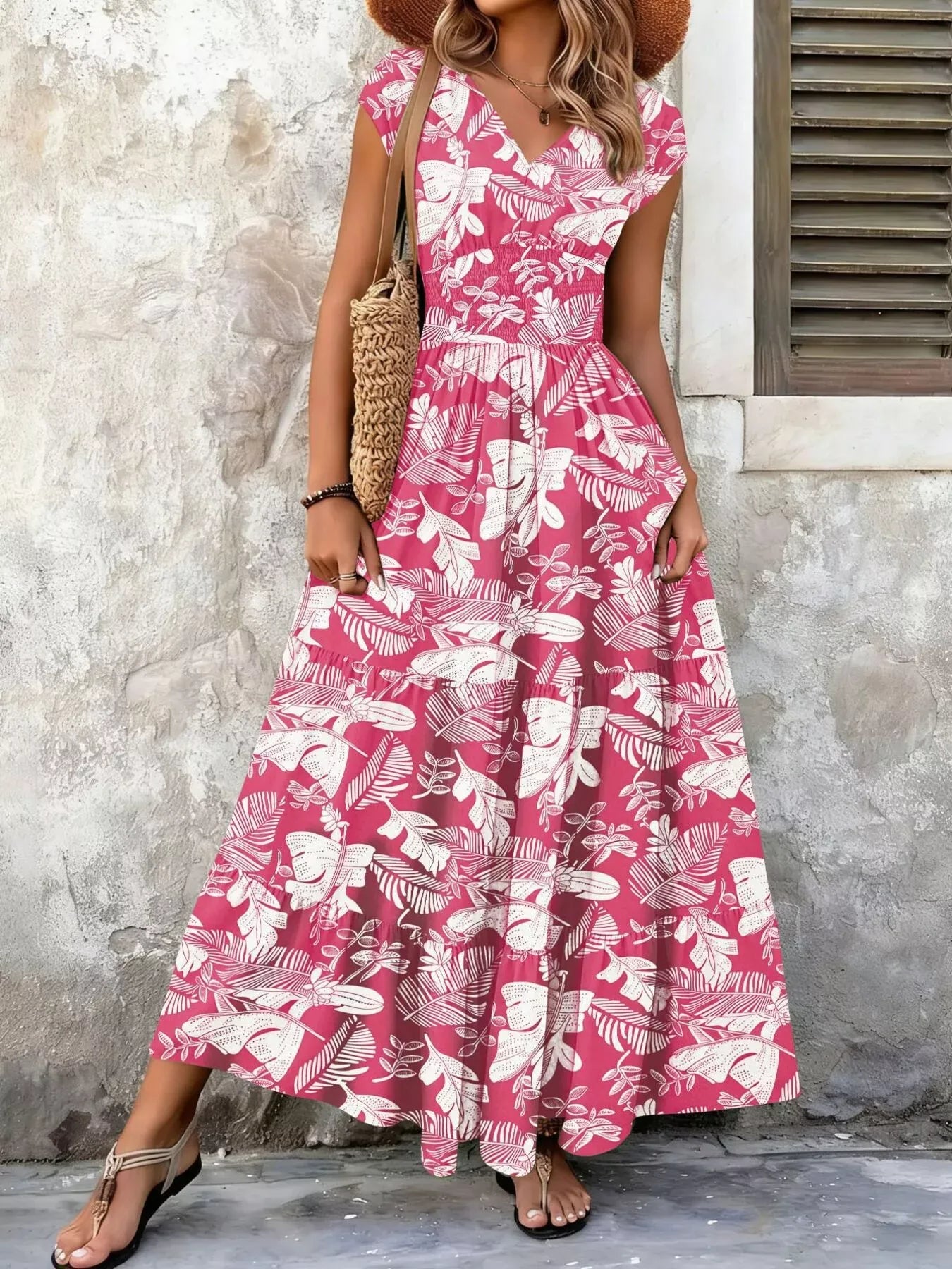 Boho Printed V-Neck Tiered Maxi Dress Strawberry / S The Nichole Collection - Official Site