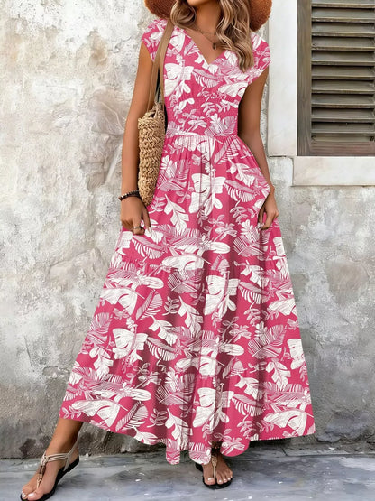Boho Printed V-Neck Tiered Maxi Dress Strawberry / S The Nichole Collection - Official Site