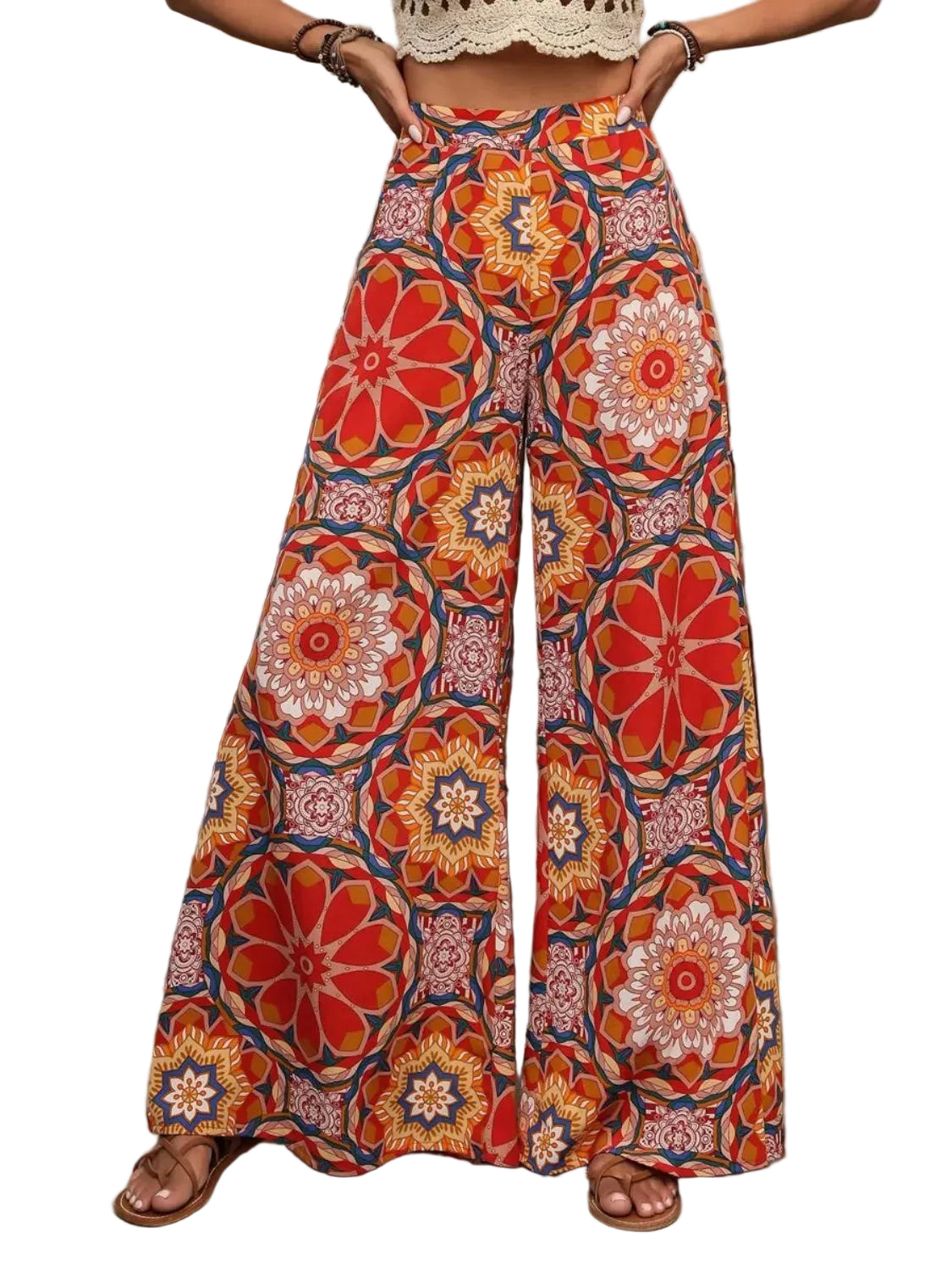 Boho Printed Wide Leg Pants Orange-Red / S Wide Leg Pants The Nichole Collection - Official Site