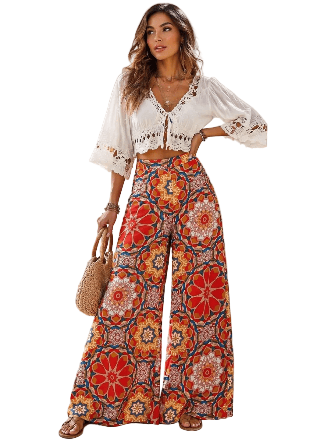 Boho Printed Wide Leg Pants Orange-Red / S Wide Leg Pants The Nichole Collection - Official Site