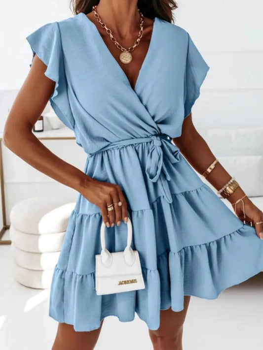 Boho V-Neck Wrap Style with Belted Waist and Tiered Skirt Dress Light Blue / S The Nichole Collection